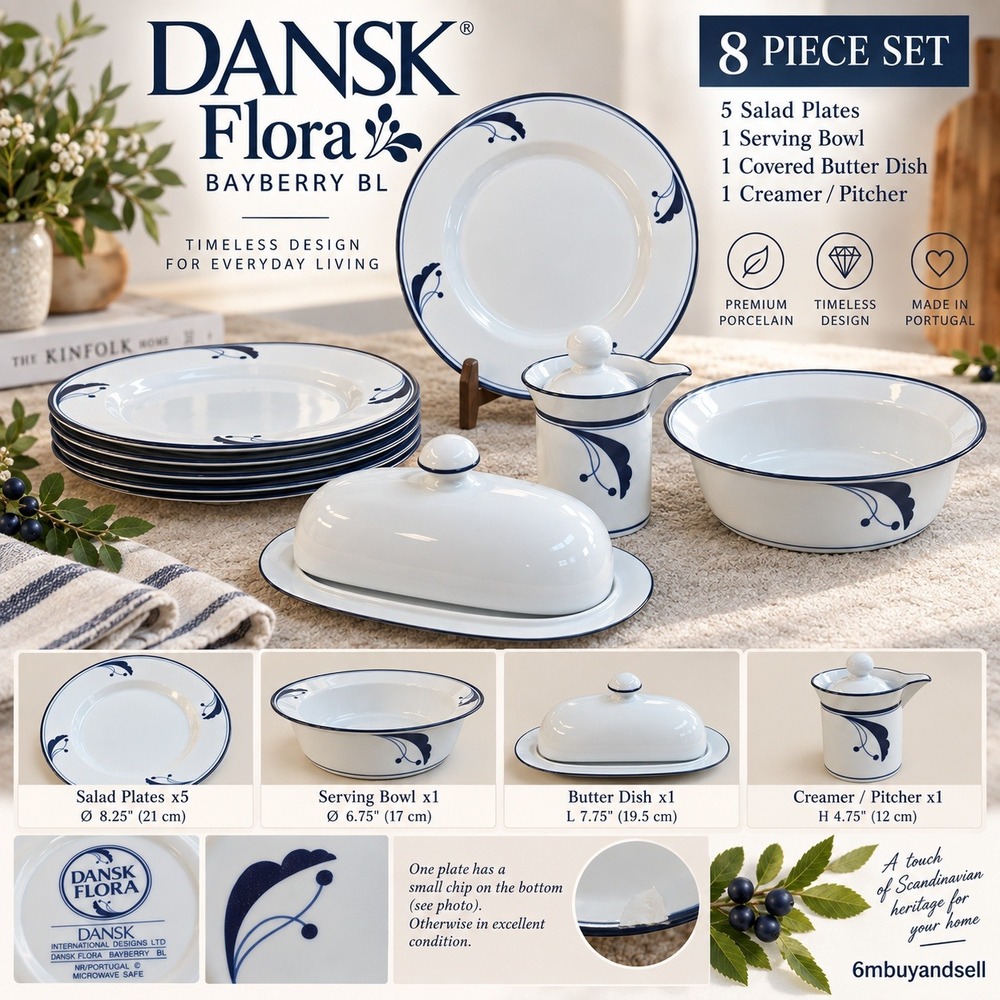 Dansk Flora Bayberry Blue Portugal 8pc Set Plates Bowl Bistro Butter